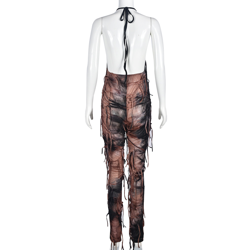 Sexy Cutout Long Halter Ripped Beggar Cloth Jumpsuit Women