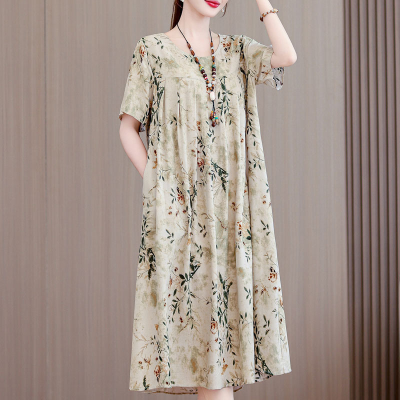 中老年大码碎花棉绸连衣裙女2025夏装新款50多岁中年妈妈气质裙子|undefined