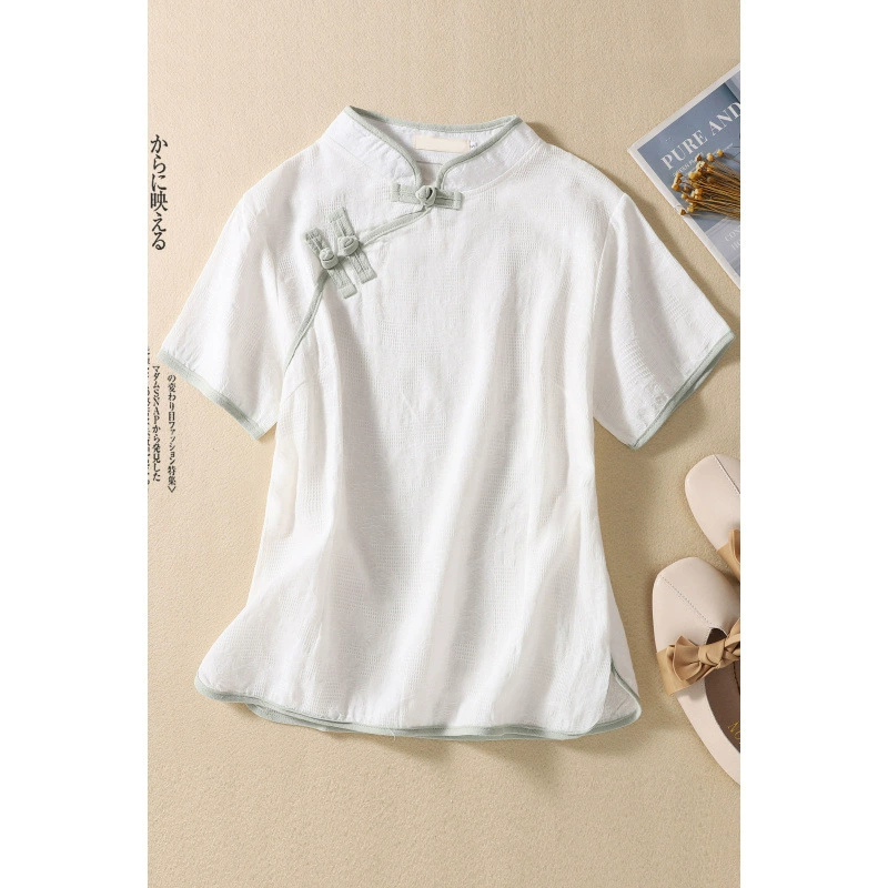 Топы из хлопка и льна в стиле Республики Китай, художественная чайная одежда, воротник-стойка в стиле ретро, ​​косая планка в старинном стиле, рубашки с короткими рукавами на пуговицах, улучшенные женские костюмы Тан.