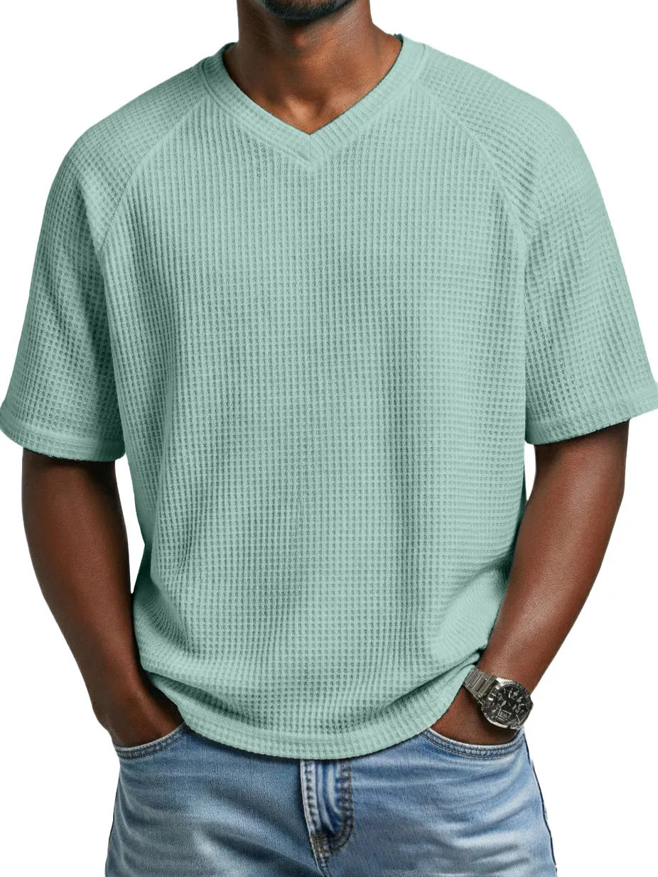 2026 Europa y América primavera y verano estación independiente transfronteriza hombre moda waffle de punto mangas de hombro de cuello en V camiseta de hombre de mangas cortas