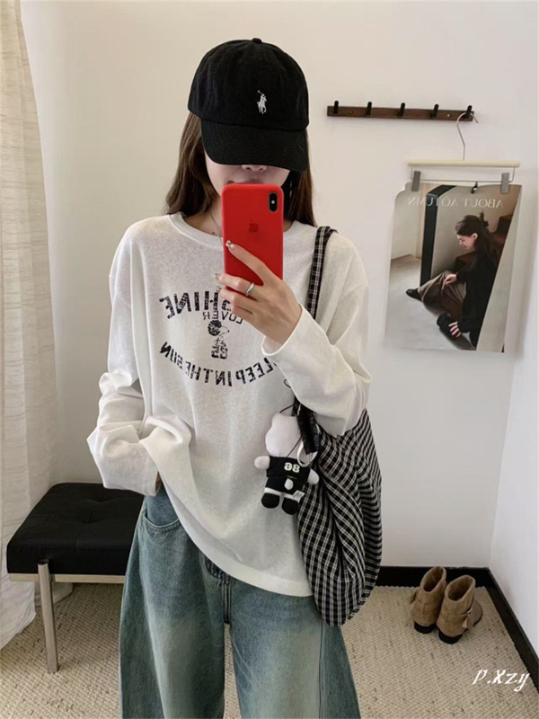 013秋季2025新款慵懒风松弛感宽松上衣早秋薄棉长袖打底衫女士T恤|undefined