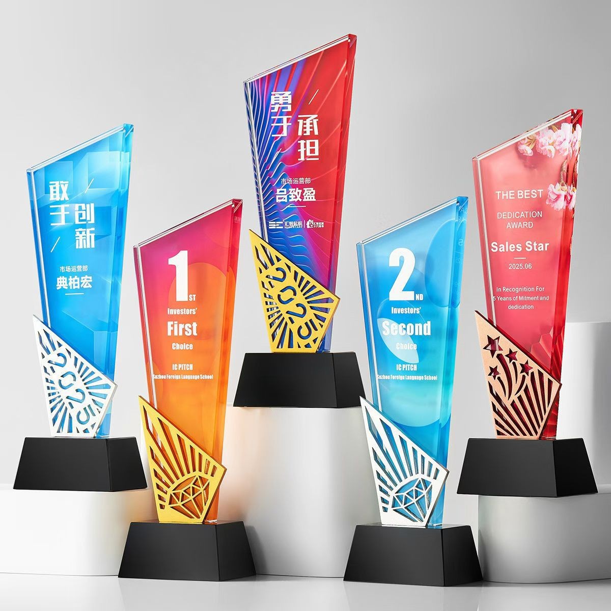 Trofeo de cristal personalizado con estrella de cinco puntas y gesto de pulgar hacia arriba, hecho de metal y resina, para danza, empleado destacado, reunión anual, premio de honor.