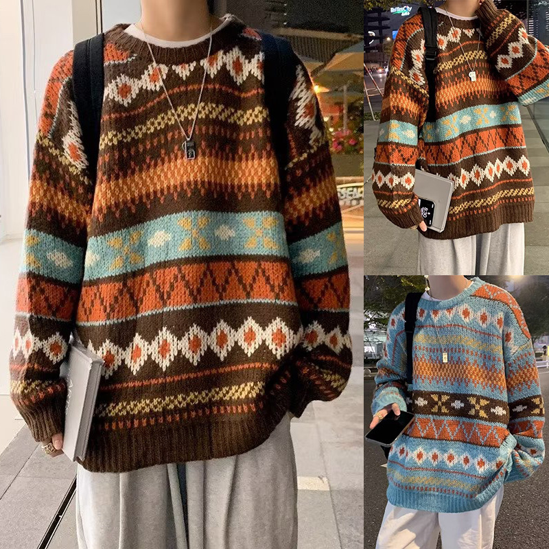 Fair Isle Jacquard Knit Sweater for Men, Ethnic Style Retro Striped High-End Autumn and Winter Sweater, Cross-Border Factory Wholesale Fair Isle Jacquard Knit Sweater for Men, Ethnic Style Retro Striped High-End Autumn and Winter Sweater, Cross-Border Factory Wholesale