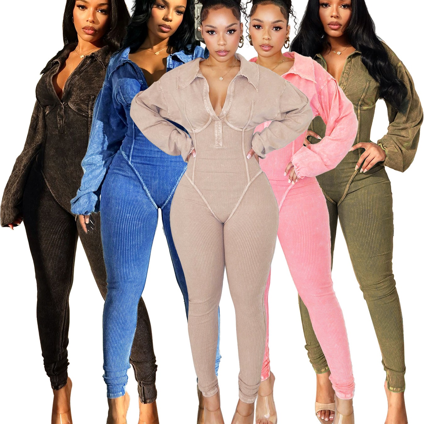 Hr24102 European and American Fashion Women's Clothing Washed and Distressed Sexy Deep V Tight Long-Sleeved Autumn and Winter Jumpsuit