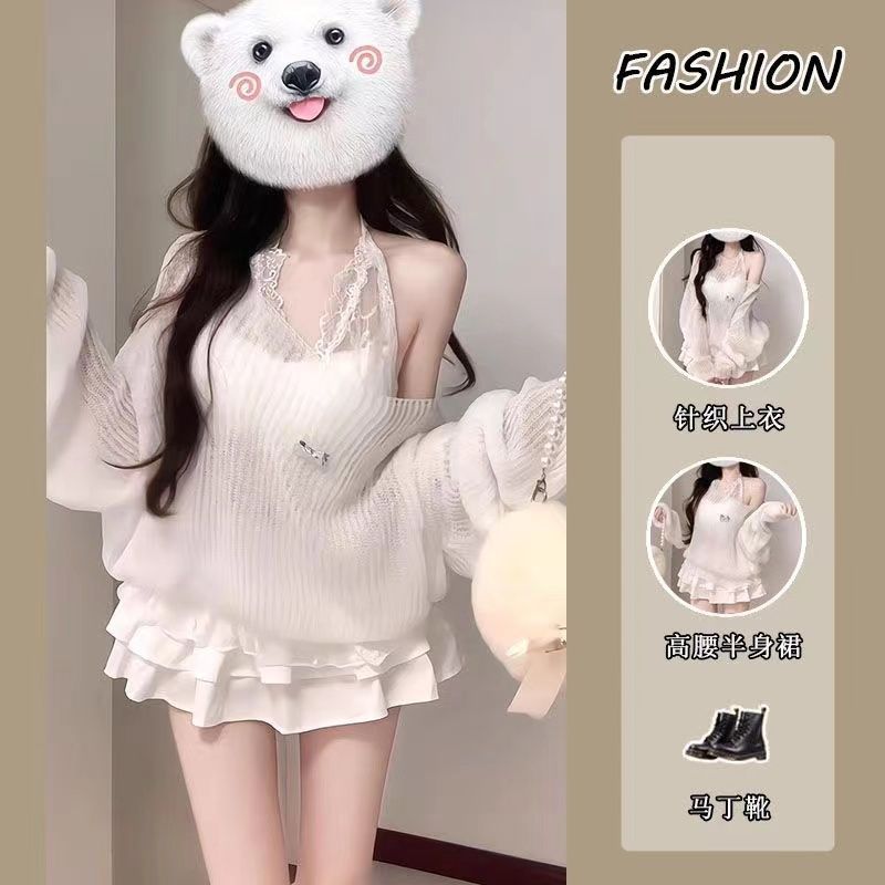 (2개) 세트 여성의 가을 뜨거운 소녀 어깨 긴 소매 니트 탑 레이스 서스펜더 높은 허리 스커트