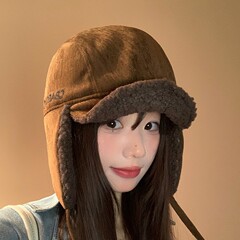 日系大头围显脸小雷锋帽秋冬季新款帽子女时尚百搭加绒护耳保暖帽