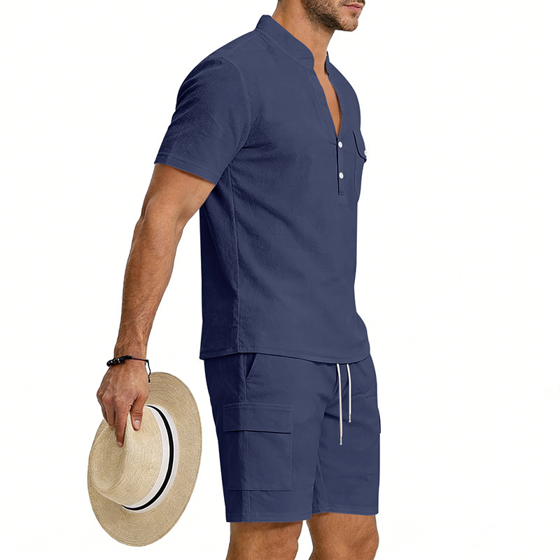 Men's Linen Henley Short Sleeve Shirt & Shorts Set, Breathable Summer Casual Outfit For Outdoor Travel And Daily Relaxation_viptrois.com