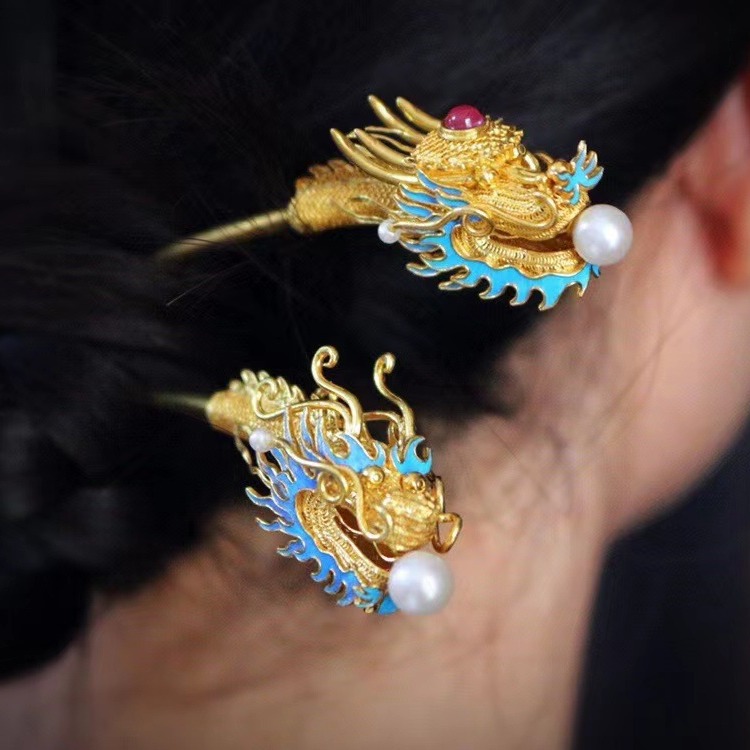 清代故宫同款花丝点翠龙簪珐琅汉服配饰古风发簪盘发婚嫁系列凤冠
