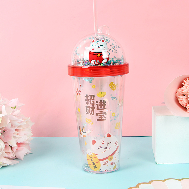 工厂招财猫双层透明吸管杯亮粉星空卡通猫儿广告礼品塑料杯水杯子|ms