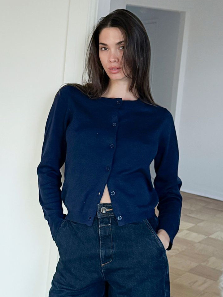 Áo cardigan dệt kim nữ cổ tròn tay dài mỏng nhẹ mặc trong — kaki, màu xanh hải quân