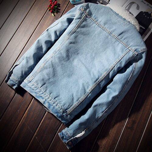 Men's Fitted Winter Padded Denim Jacket with faux lambskin fur, thick cotton-lined outerwear for youth and foreign trade