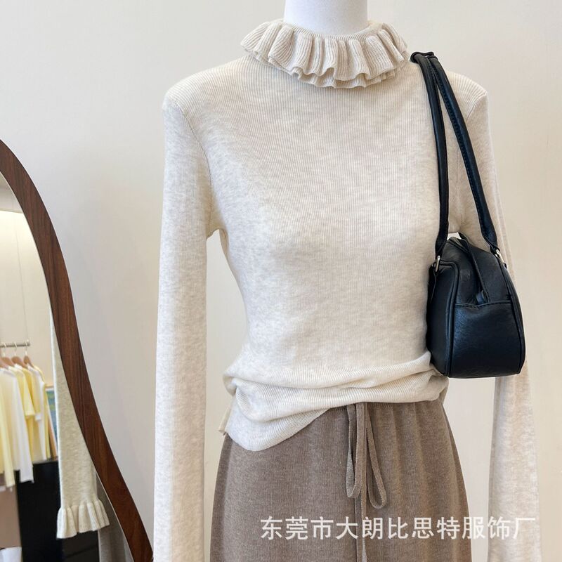 Autumn and Winter New Korean Style Ruffled Long-Sleeve Base Knit Top for Women with a Vintage Elegant Stand Collar Autumn and Winter New Korean Style Ruffled Long-Sleeve Base Knit Top for Women with a Vintage Elegant Stand Collar