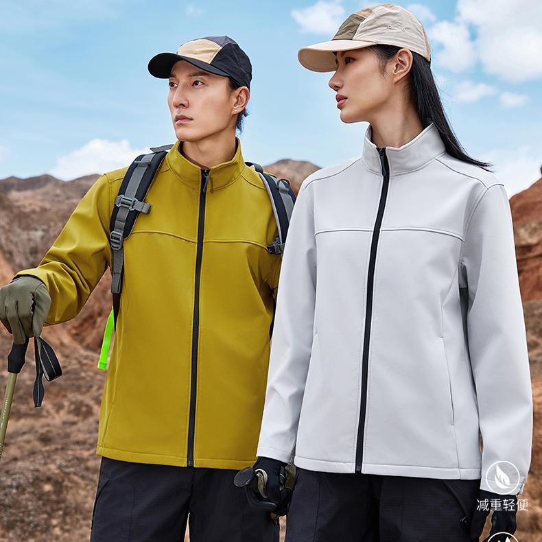 Custom logo softshell jacket with stand-up collar, suitable for outdoor workwear, corporate uniforms, and casual wear for both men and women