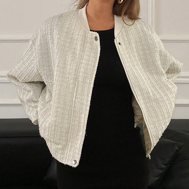 Off-White Tweed Coat Women Autumn Baseball Jacket Tweed Ladies Coat Material Exquisite Business Daily
