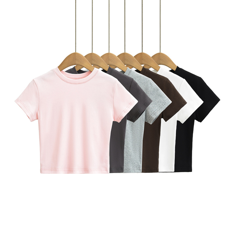 American Style INS Basic Round Neck Slim Fit Navel Shoulder T-Shirt Women's 2025 Summer High Waist Slim Fit Short Sleeve Base Shirt