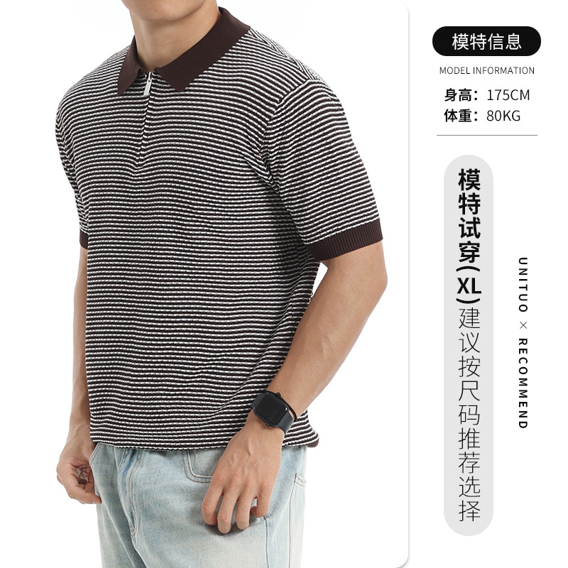 2026 hombre de verano alto sentido rayas polo de punto de manga corta hombre viejo dinero con solapa de negocios casuales chaqueta de hombre