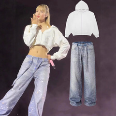 现货演唱会Lisa同款短款白色露腰连帽卫衣外套上衣早秋满钻牛仔裤