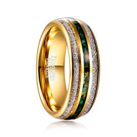 宽8MM电镀金色镶嵌防陨石绿色碎天然石男士钨钢戒指美码7-13号