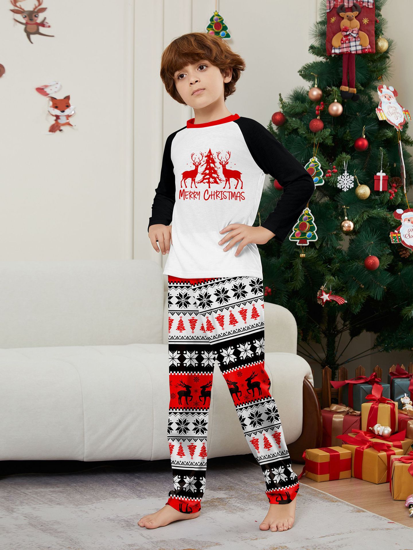 Robe de famille de Noël imprimée, pyjama, robe de maison, lettres de flocon de neige, Père Noël, cerf_voghion.com