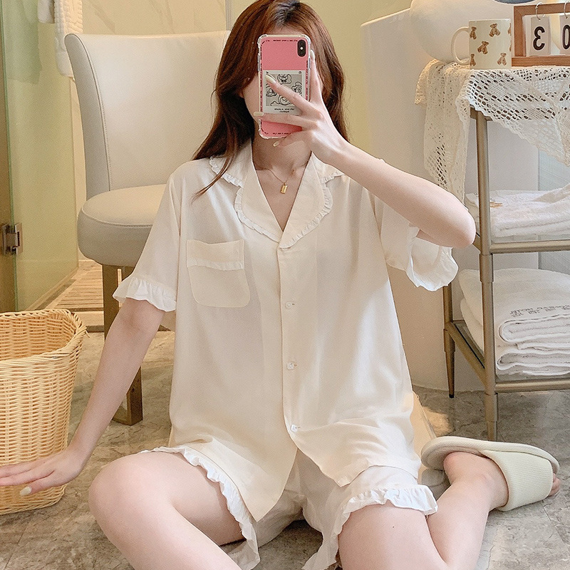 2025 New Cotton Silk Pajamas for Women Summer Fresh Pure Color Home Clothes Can Be Worn Outside Short-Sleeved Lace Cotton Silk Suit 2025 New Cotton Silk Pajamas for Women Summer Fresh Pure Color Home Clothes Can Be Worn Outside Short-Sleeved Lace Cotton Silk Suit