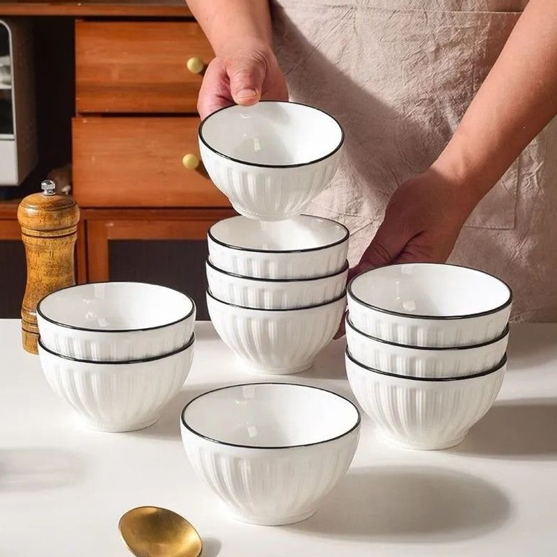 2026 New Model Bowl and Plate Set, High Aesthetic Value Bowl and Plate Set for Family, Double-Person Tableware, Household Bowls and Plates, Yamada Vertical Stripe Bowl