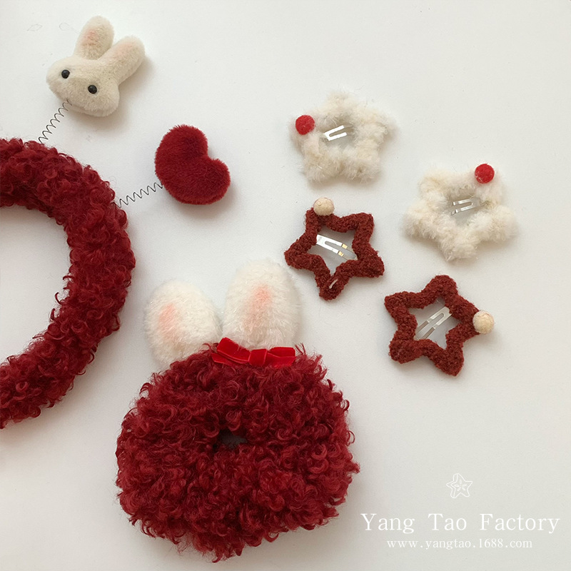 Año Nuevo serie de conejo de peluche rojo conejo de peluche anillo de cabello de dibujos animados casero tocado estrella Liu