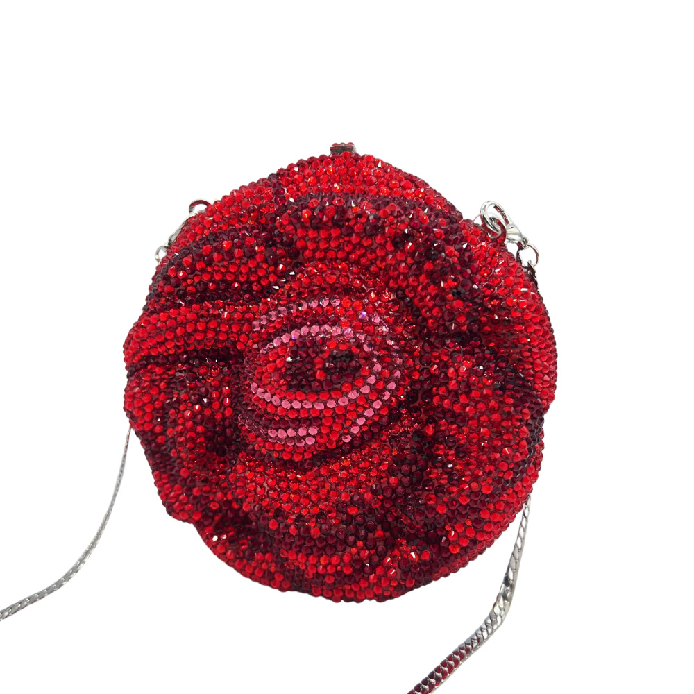 Túi clutch dạ hội đính kim cương hình hoa nổi 3D — màu đỏ, hoa hồng đỏ, vàng, bảy màu chi tiết 8