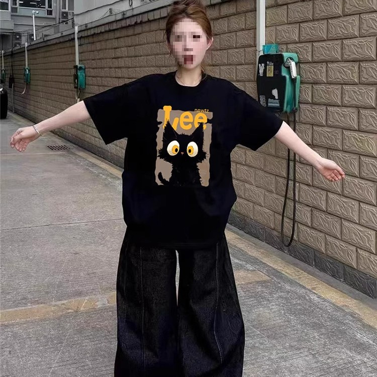 夏季休闲风短袖圆领卡通t恤短袖女卡通黑色时尚个性设计感上衣ins