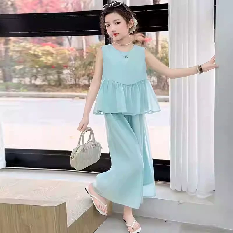 Летний костюм для девочек 2025, новый летний детский стиль, принцесса, без рукавов, модные широкие брюки, комплект из двух предметов