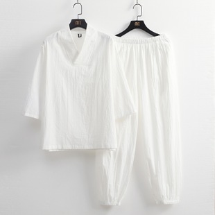 Summer Chinese Style Men's Meditation Three-Quarter Sleeve Bamboo Cotton and Linen Hanfu Yoga Meditation Suit Factory Wholesale