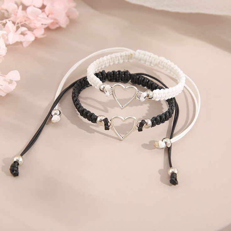 Nueva Pareja Creativa Pulsera Blanca y Negra Pulsera de Corazón Hueco Pulsera de Empuje y Tracción Pulsera de Tiración Pulsera Ajustable_voghion.com