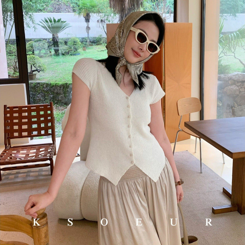 [Moonlight Blouse] Linen Cotton Shell-Sleeve Asymmetrical Hem Elegant Slimming 2026 Summer Knitwear for Women