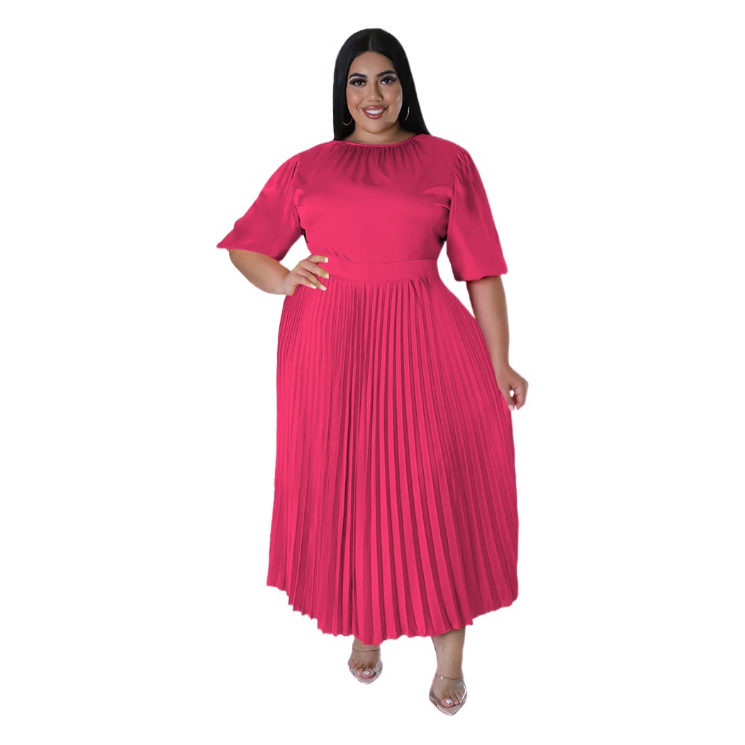 N7876 transfronteriza europea y americana más tamaño ropa de mujer Amazon Otoño e Invierno popular plisado cuello redondo vestido largo manga corta
