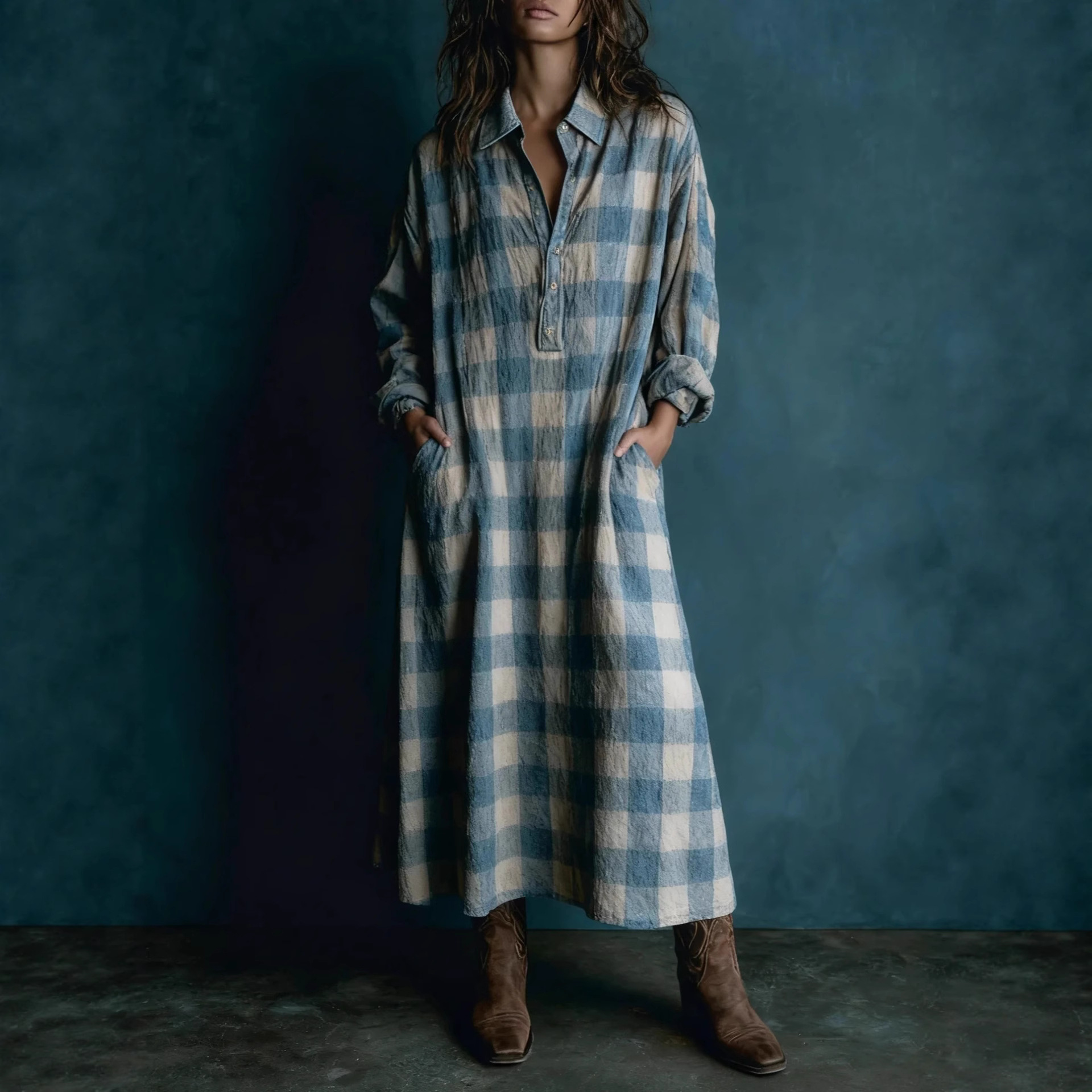 2025 European and American Women's Clothing Loose Button Shirt Collar Digital Printing Plaid Long Sleeves Flap Pocket Pants Long Dress