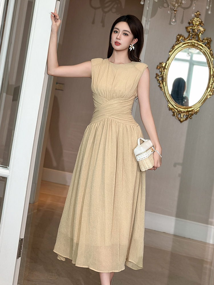 Đầm maxi nữ không tay chéo eo phong cách thanh lịch — đen