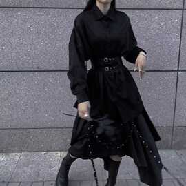 不规则半身裙女2026春季新款暗黑系街头朋克风织带扣雪纺中长裙潮