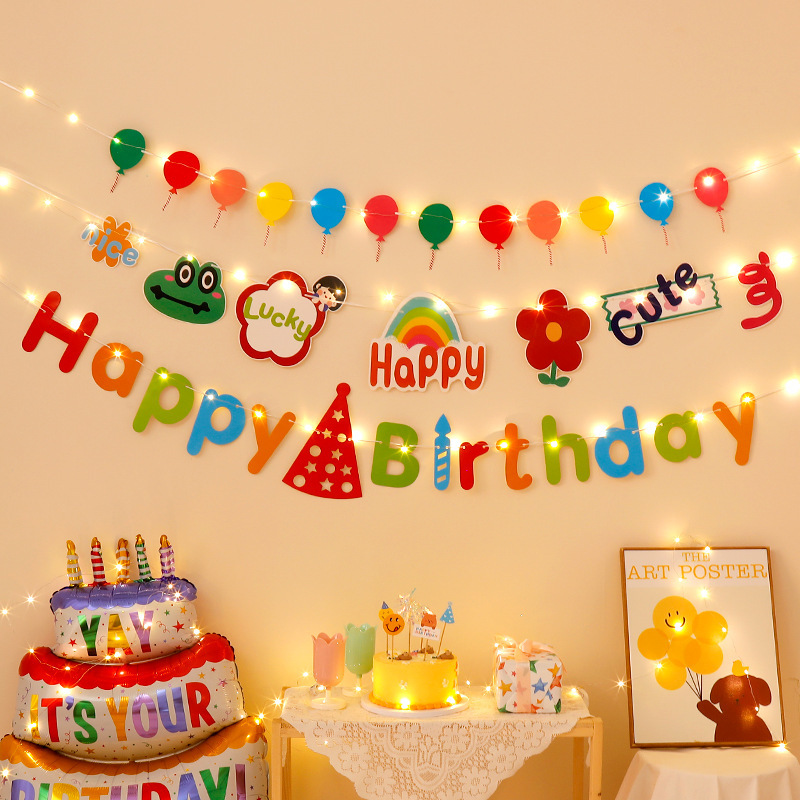 Happy birthday pull flag party decoration fur ball colorful flag children boys and girls baby year-old photo banner hanging flag layout