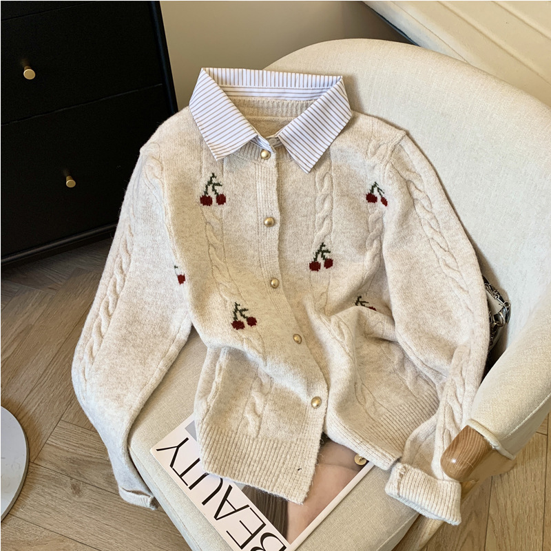 Polo Collar Fake Two-Piece Red Knitwear for Women Autumn and Winter 2025 New Design Cherry Jacquard Knitwear Top