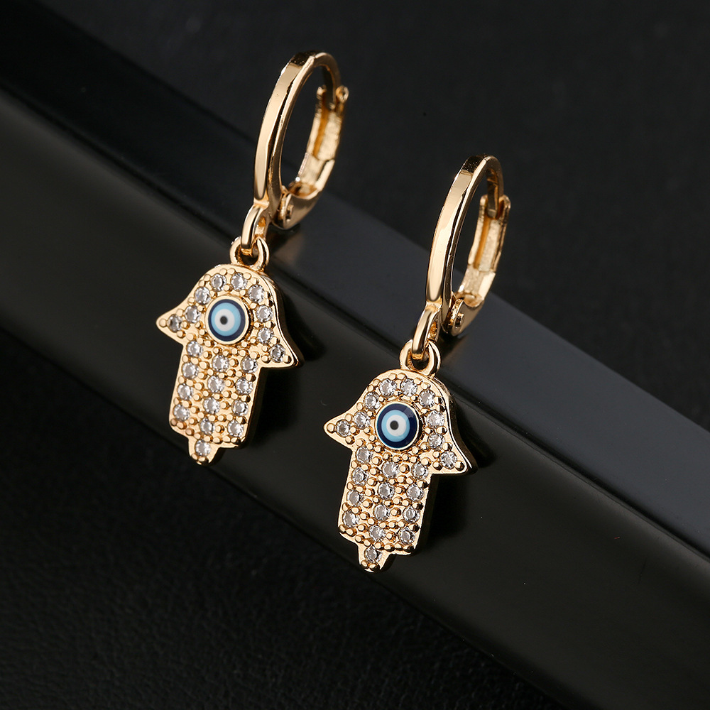 Fashion copper 18K gold drip oil zircon hand earrings female