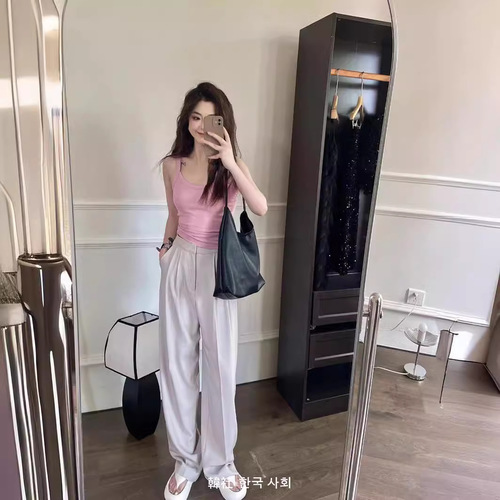 Korean-style summer versatile one-piece cup strapless bra with chest pads women's vest spaghetti strap slim-fit solid color outerwear textured base layer