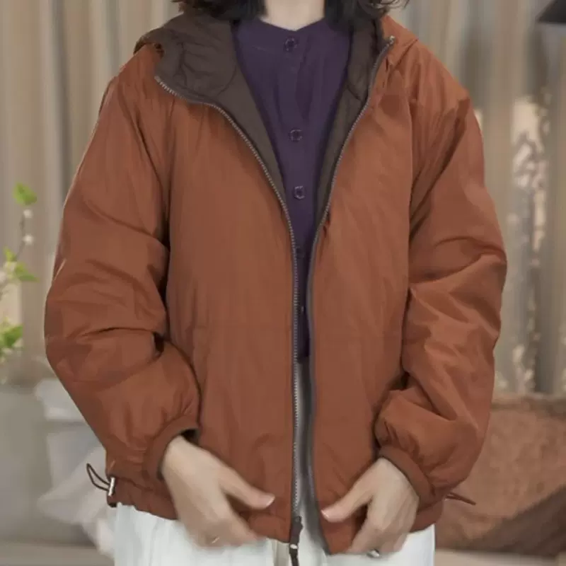 两面穿连帽棉衣女2024冬季新款宽松韩版休闲拼色加厚棉服百搭洋气