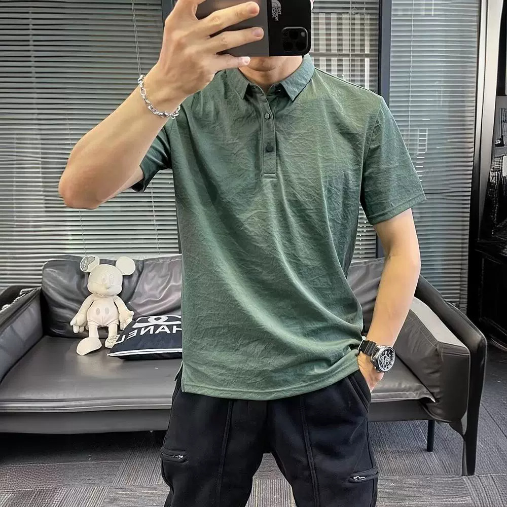 2024 Summer New Ice Silk Cotton Linen Short-sleeved T-shirt Men's Polo Shirt Solid Color Quick-drying Linen Slim-fit Laps Top