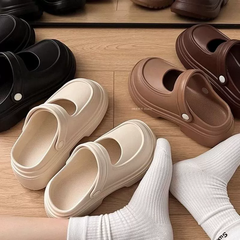 Ретро стиль сплошной цвет Мэри Джейн с толстой подошвой с булочкой тапочки женский летний нанос 2025 новые нескользкие домашние холодные тапочки