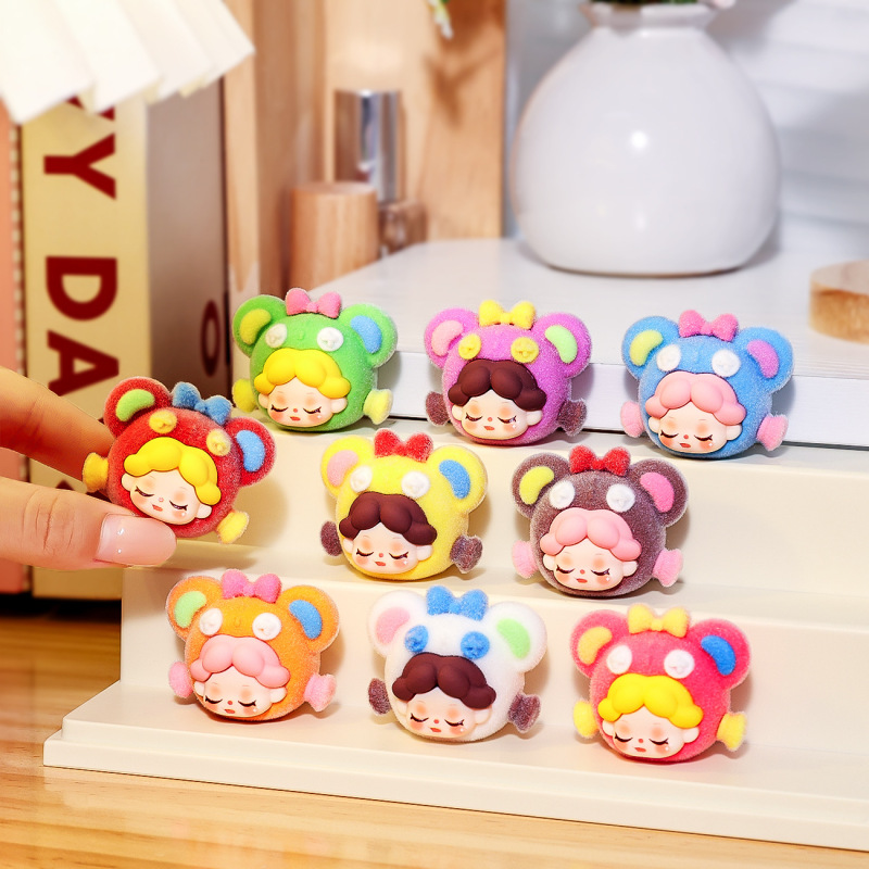 Colorful Flocked Winnie the Pooh Head Trendy Toy Figurine Desktop Mini Ornament Live Stream Blind Box Blind Bag Accessories Wholesale