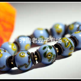 清代老琉璃珠子15mm松石蓝料甩彩老凤眼蜻蜓眼老琉璃散珠琉璃手链