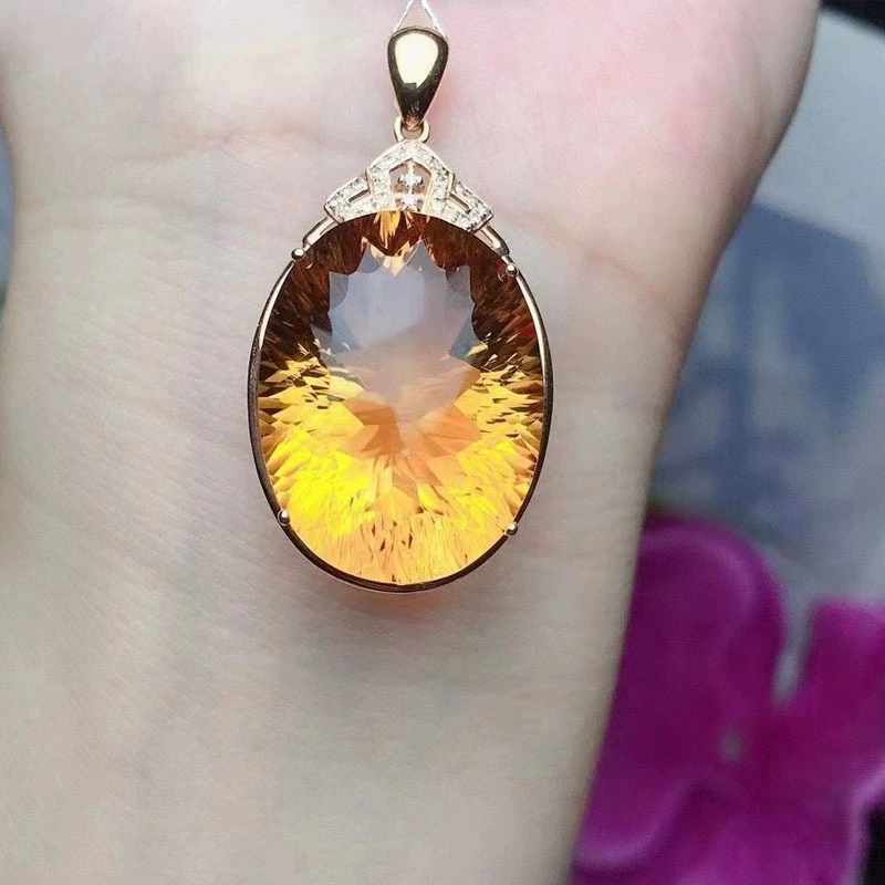 Продажа электроэнергии 18k золото с бриллиантами инкрустированный натуральный цитрин кулон 41 карат бриллиантовое ожерелье оптовая продажа