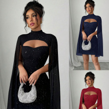 跨境欧美女装亚马逊速卖通圆领坑条珍珠雪纺斗篷包臀连衣裙女