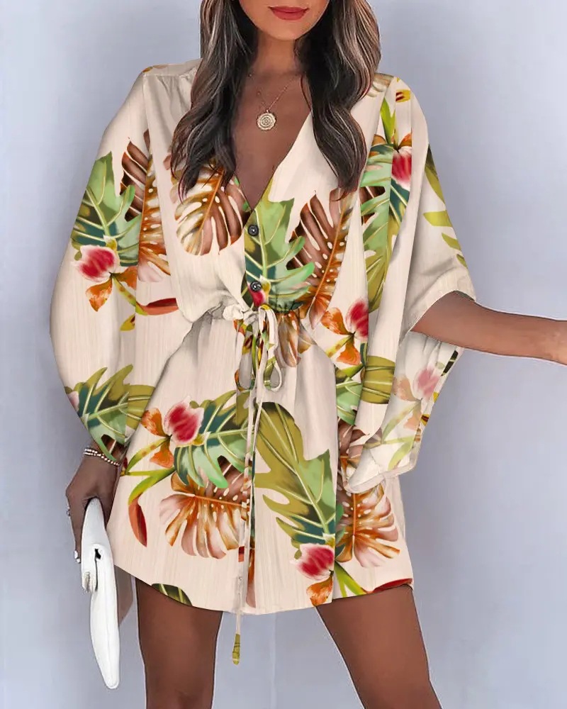 Daily Occasion Wholesale Women'S Fashion Printing Plant Daily V Neck Short Sleeve Irregular Skirt