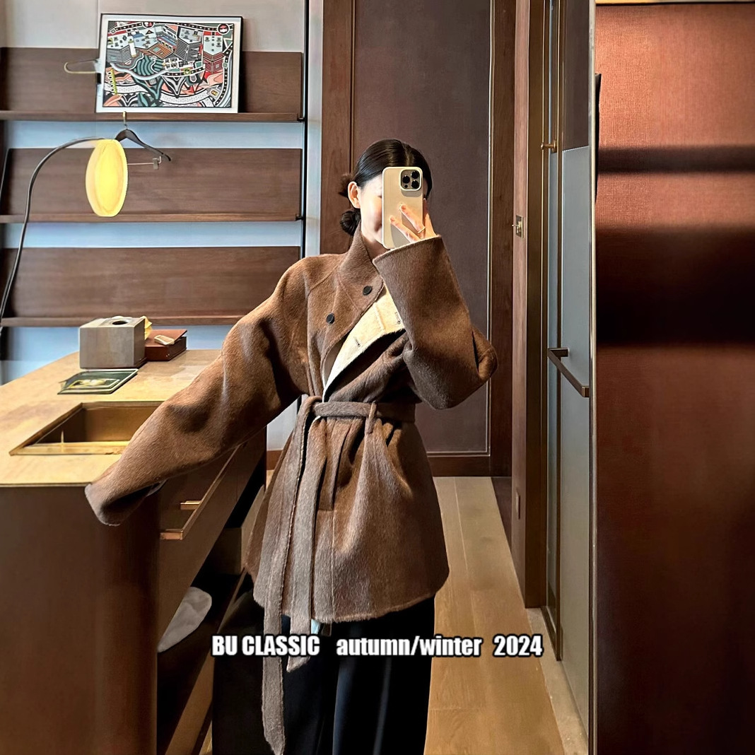 겨울 새로운 호주 양모 양면 대비 짧은 수직 칼라 코트 울 재킷 100% 울 우아한 빅 브랜드