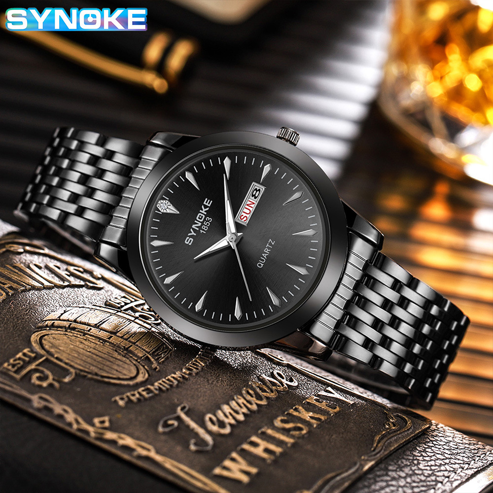 Reloj de cuarzo de negocios SYNOKE doble calendario aleación reloj casual moda clásica correa de acero reloj de los hombres